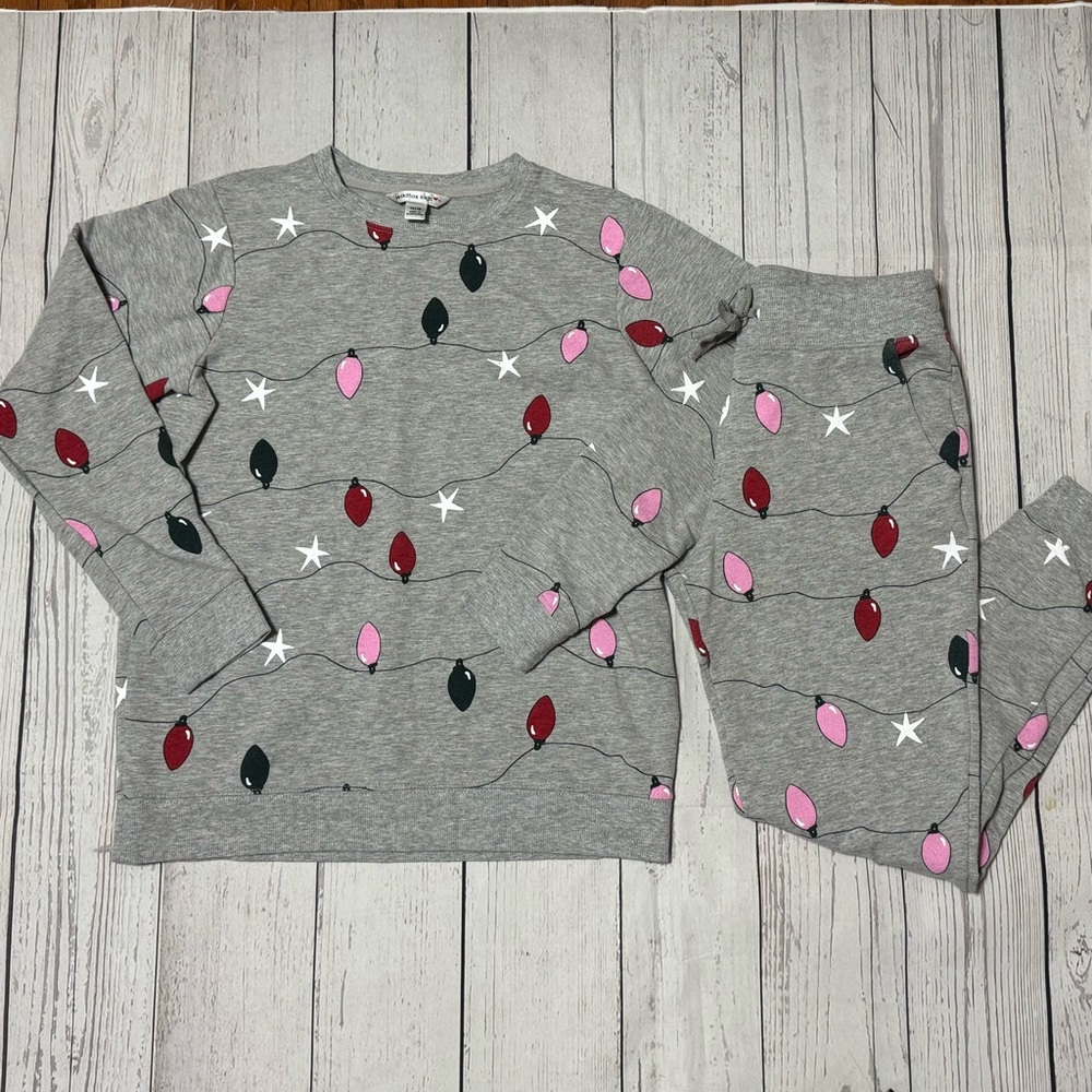 Wildfox kids girls 14/16 gray twinkle Christmas lights holiday sweatshirt pants